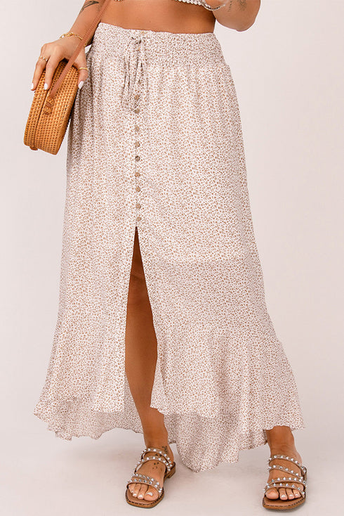Leopard Floral Print Buttons Flounce Side Slit High Waist Maxi Skirts